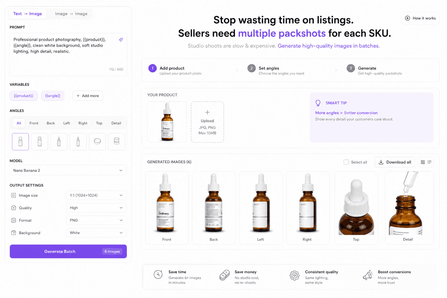 Batch packshot generation — one product photo into multiple listing angles for marketplaces and social ads
